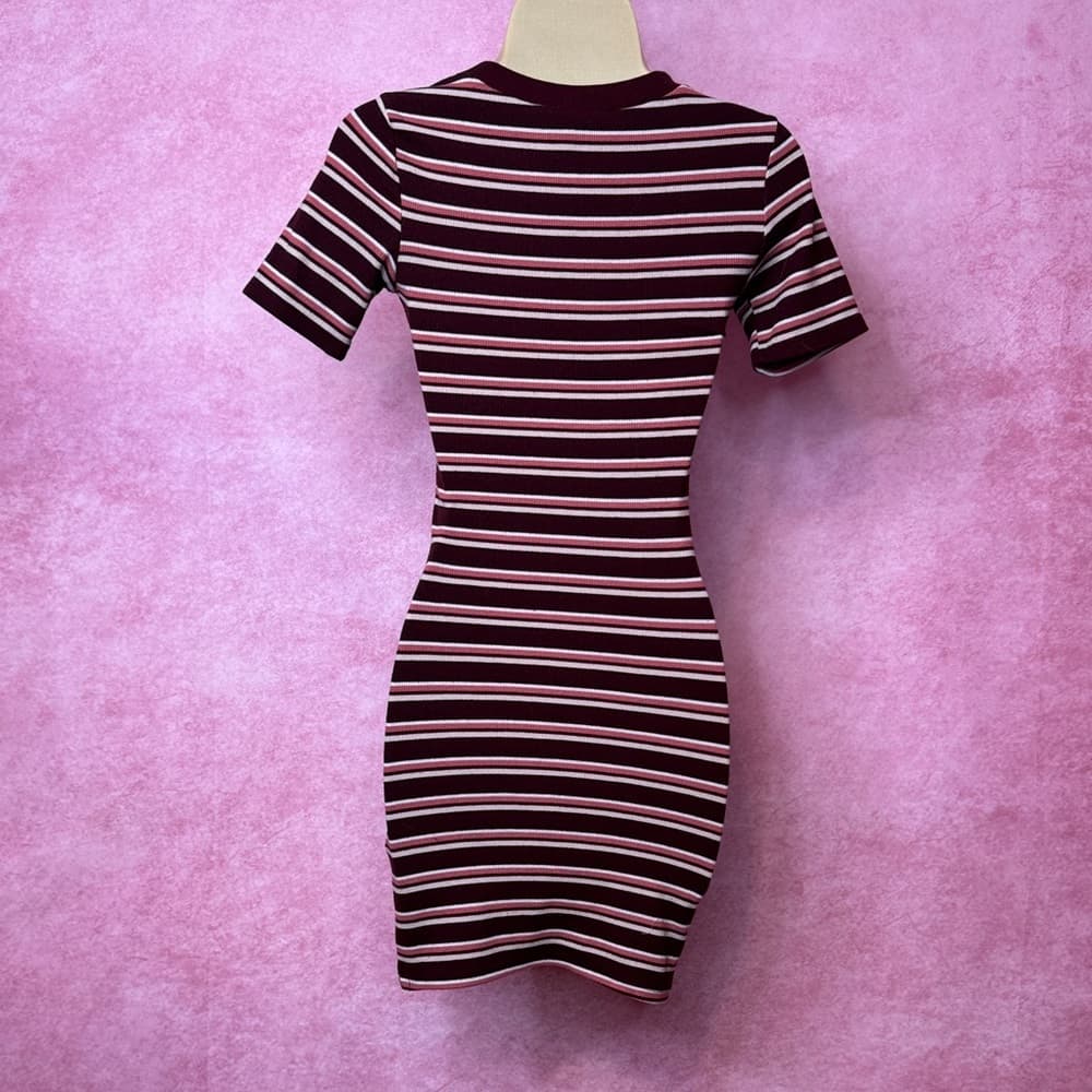120- H&M Divided Striped Bodycon Mini Dress Maroon Pink White Size 0 - Thumbnail 3