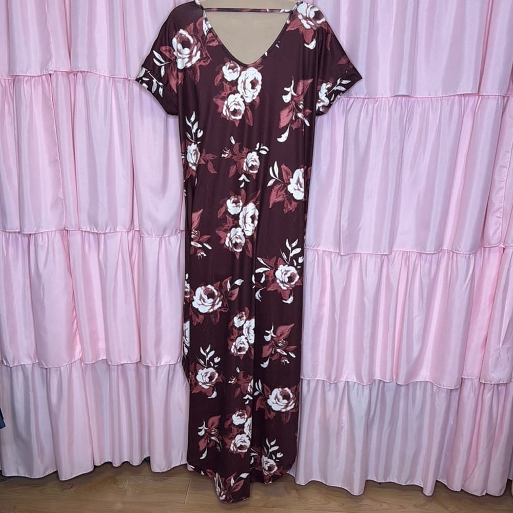 96. LuLaRoe Floral Maxi Dress S Burgundy Pink White Roses Stretchy Oversized Sm - Thumbnail 2