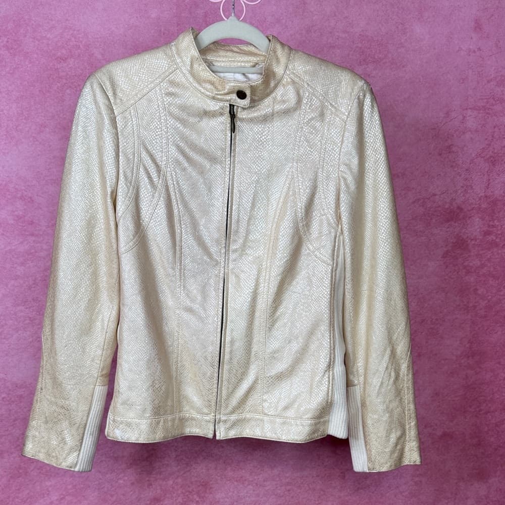 156. Chico’s Gold Faux Leather Moto Jacket Size 1 - Thumbnail 9