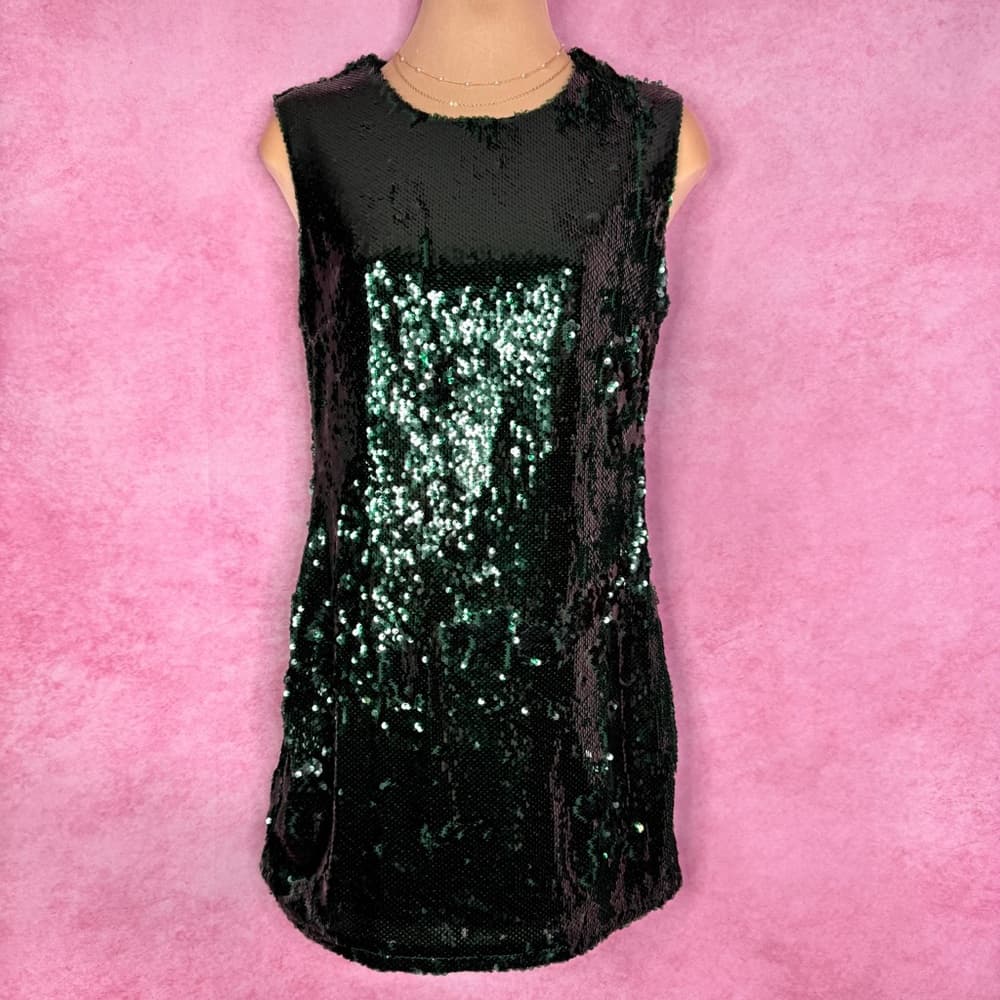 219. Forever 21 Green Sequin Sleeveless Mini Dress S - Thumbnail 2