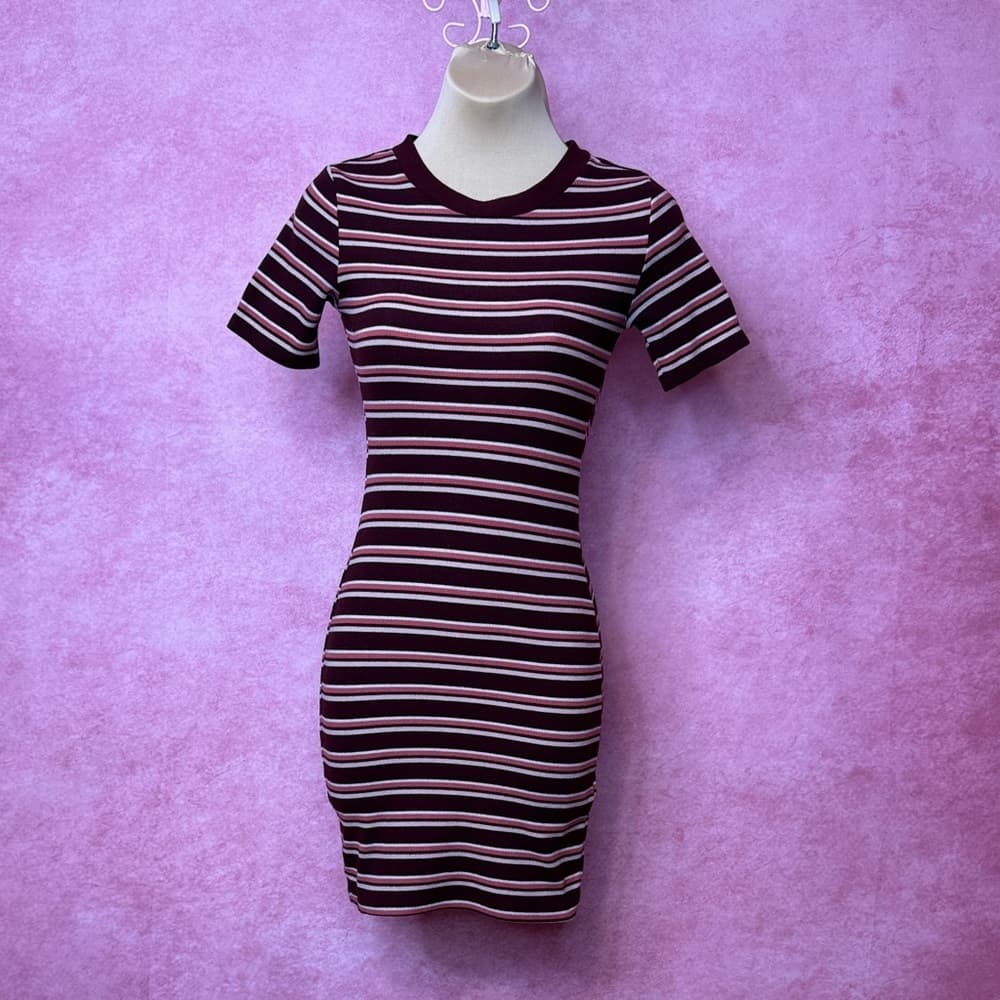 120- H&M Divided Striped Bodycon Mini Dress Maroon Pink White Size 0 - Thumbnail 6