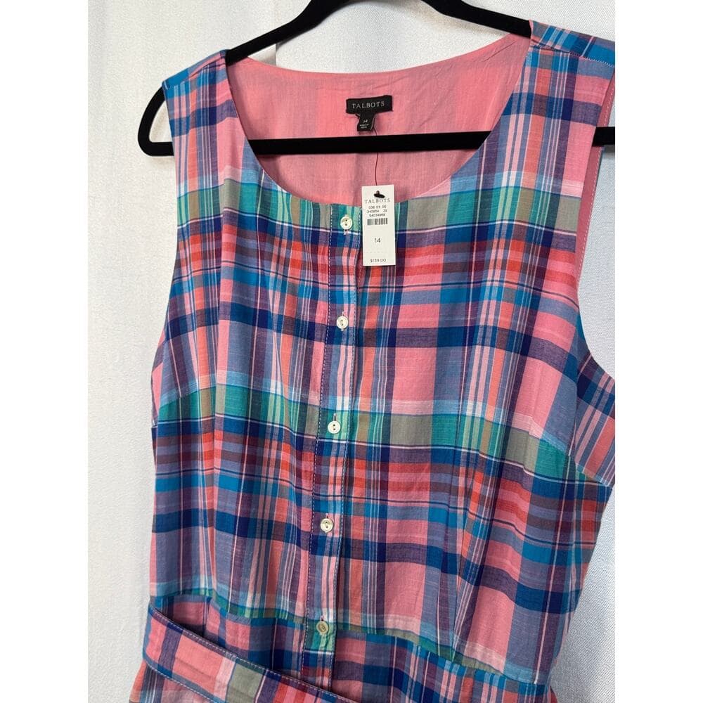 354. NWT Talbots Pink Blue Plaid Sleeveless Belted Dress Size 14 - Thumbnail 2