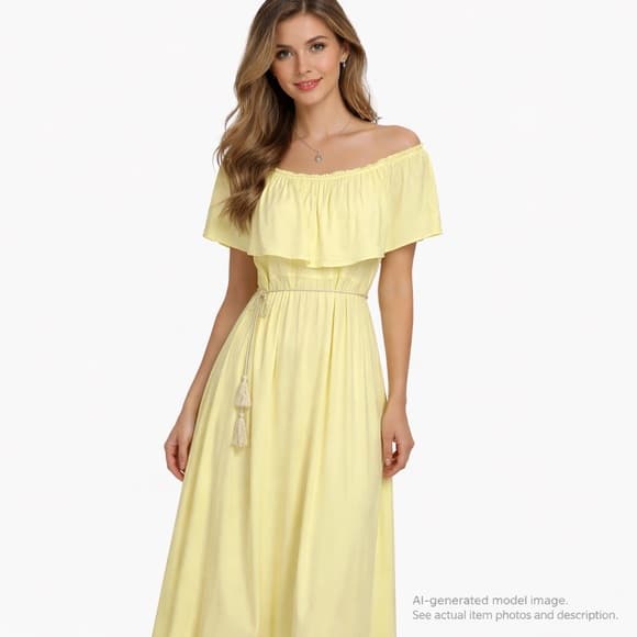 102. Elegant Yellow Off-the-Shoulder Maxi Dress with Rope Waist Tie - Thumbnail 9