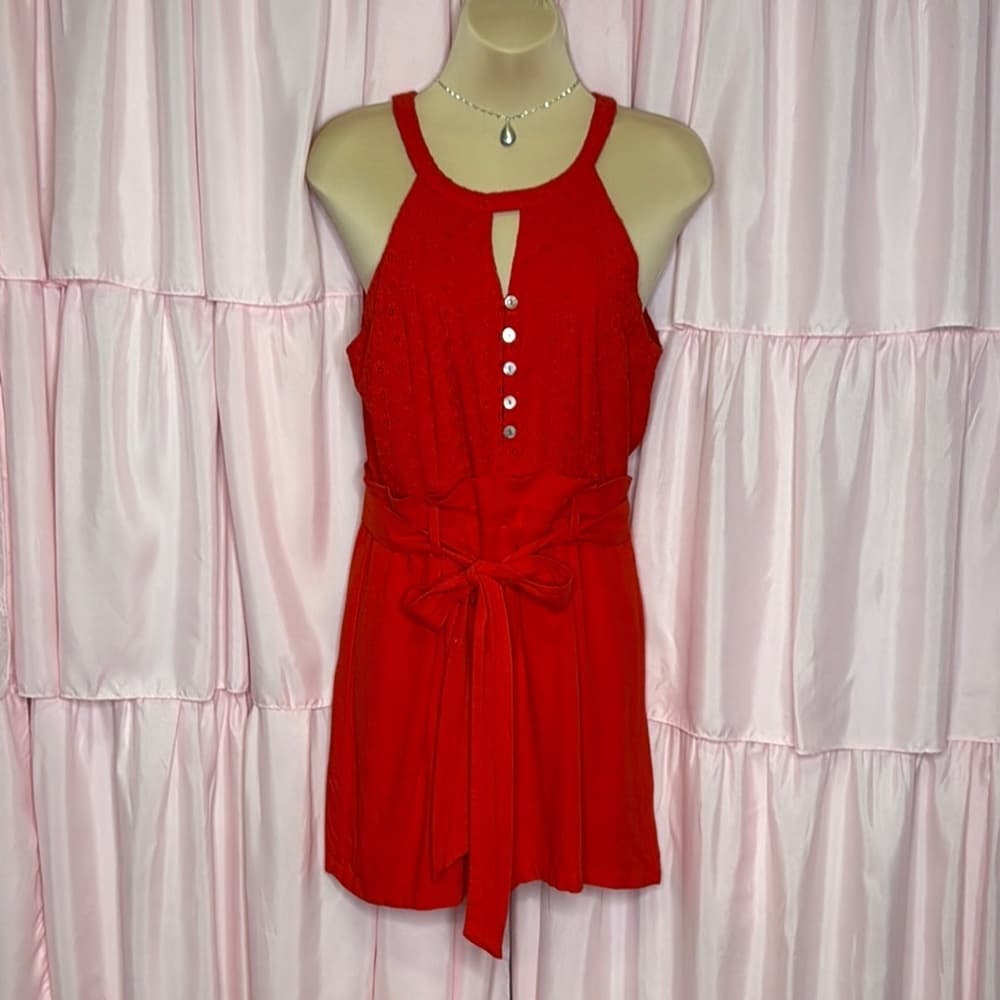 88. Miami Red Eyelet Belted Romper – Size Medium - Thumbnail 6