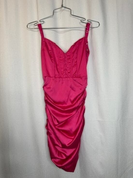 375. Sugar Thrillz Hot Pink Satin Ruched Bodycon Mini Dress Size XXS - Thumbnail 10