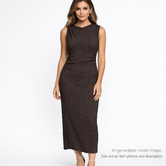 214. ZARA Textured Brown Sleeveless Midi Dress Small - Thumbnail 10