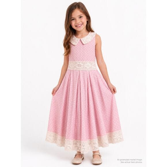346. Beautiful Handmade Pink Polka Dot Lace Trim Dress - Thumbnail 8