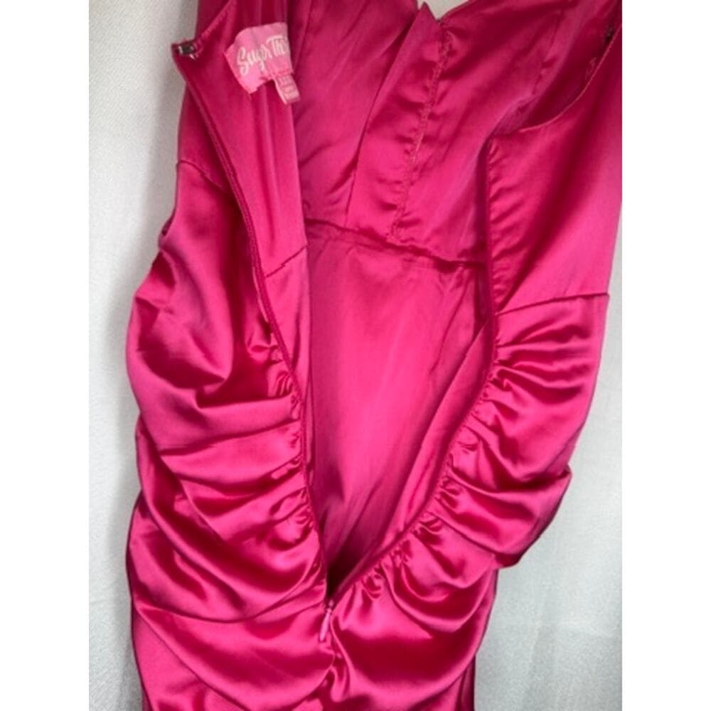 375. Sugar Thrillz Hot Pink Satin Ruched Bodycon Mini Dress Size XXS - Thumbnail 8