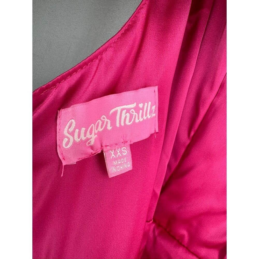 375. Sugar Thrillz Hot Pink Satin Ruched Bodycon Mini Dress Size XXS - Thumbnail 6