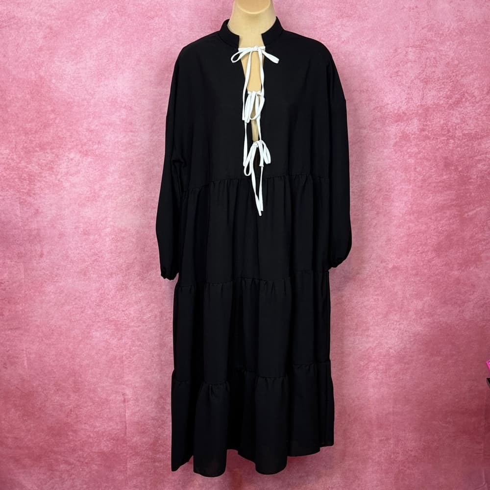 124. Shein Black Tie-Front Oversized Midi Dress Size M - Thumbnail 6