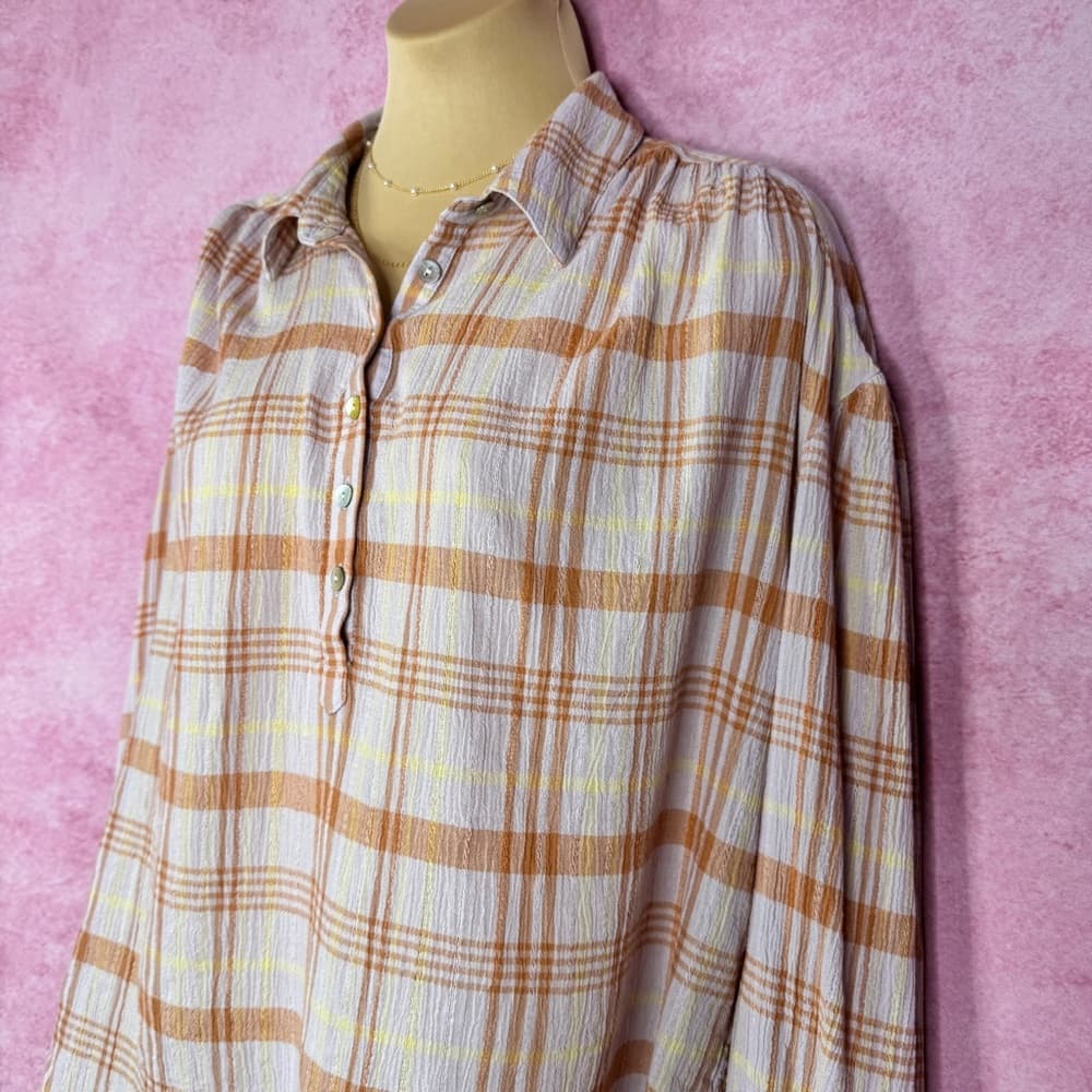 211. Faherty Plaid Button Henley Blouse Top Orange Yellow White M - Thumbnail 4