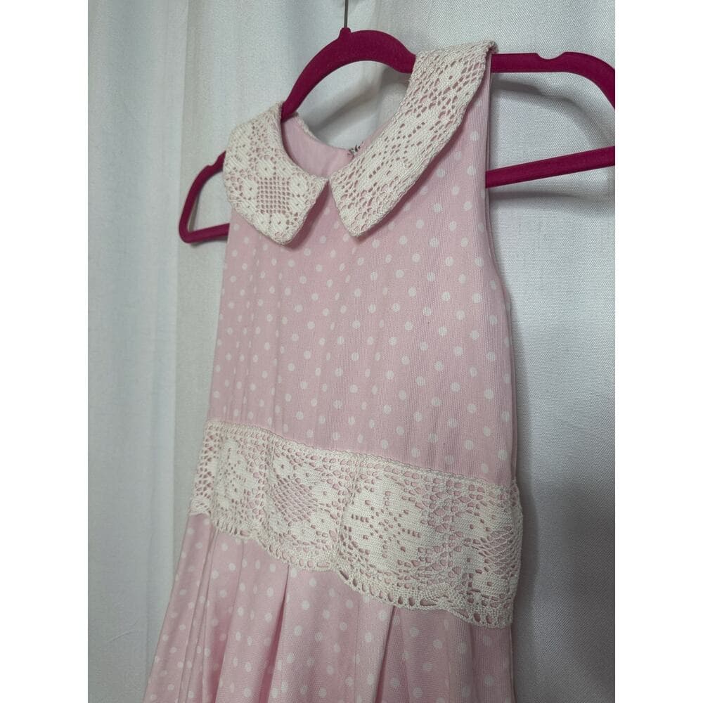 346. Beautiful Handmade Pink Polka Dot Lace Trim Dress - Thumbnail 3