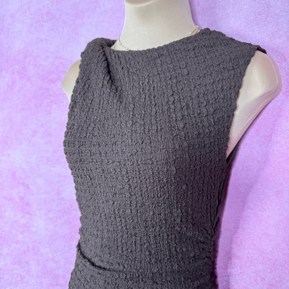 214. ZARA Textured Brown Sleeveless Midi Dress Small - Thumbnail 4