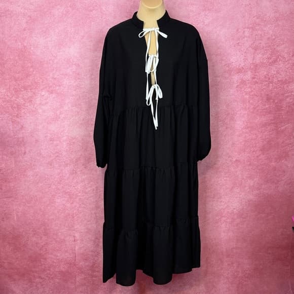 124. Shein Black Tie-Front Oversized Midi Dress Size M - Thumbnail 7
