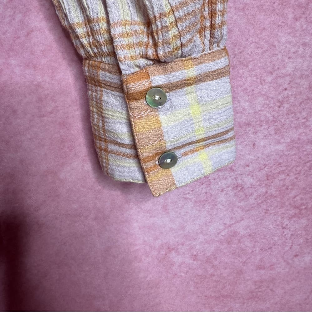211. Faherty Plaid Button Henley Blouse Top Orange Yellow White M - Thumbnail 5