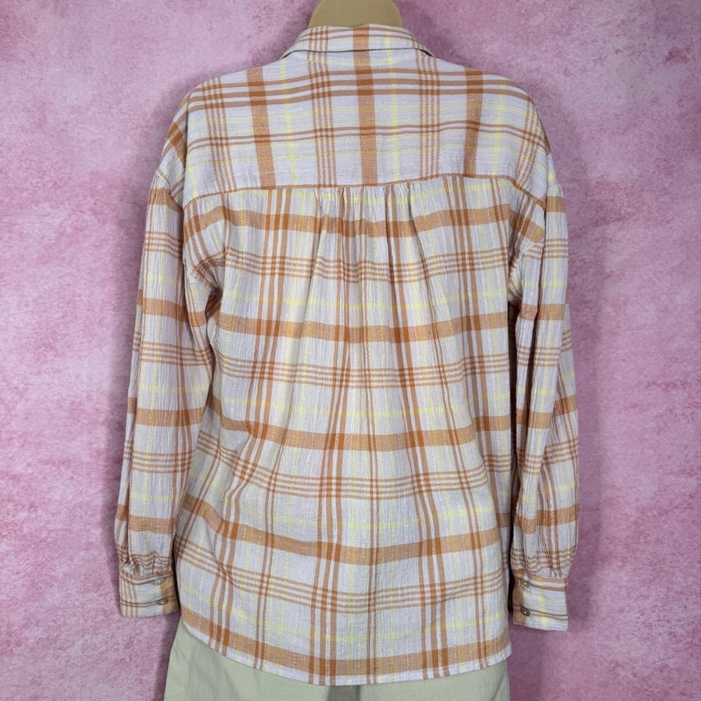 211. Faherty Plaid Button Henley Blouse Top Orange Yellow White M - Thumbnail 3