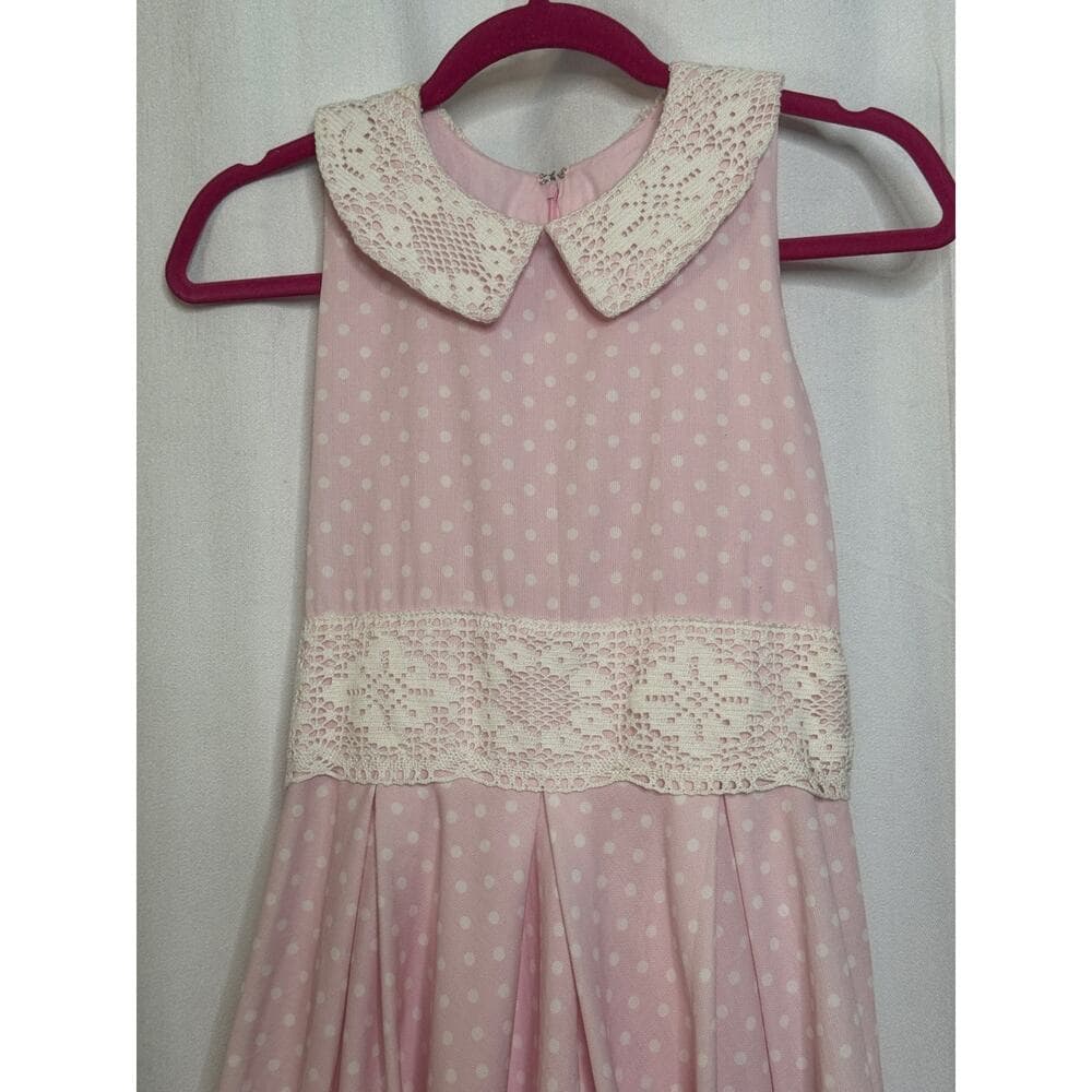 346. Beautiful Handmade Pink Polka Dot Lace Trim Dress - Thumbnail 2