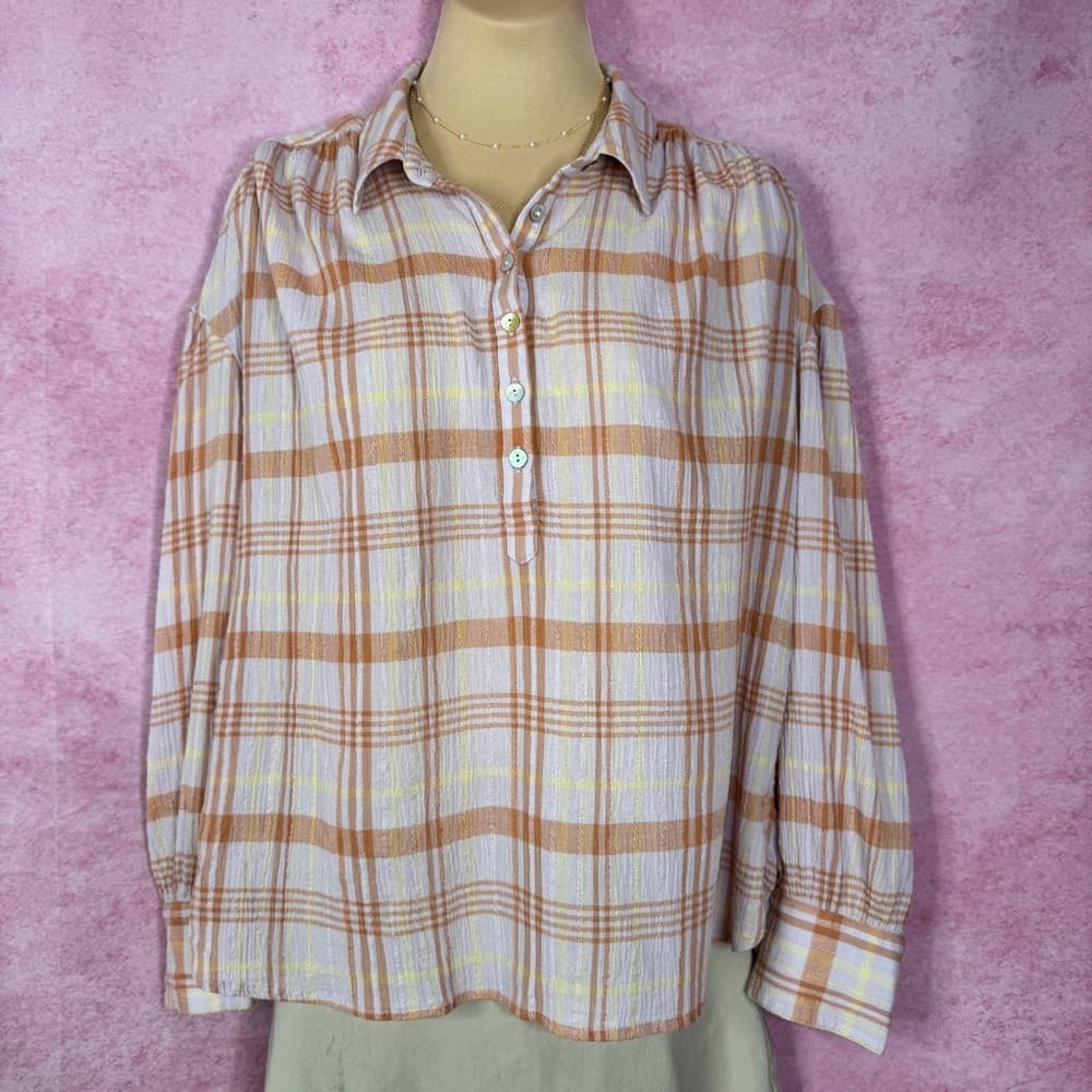 211. Faherty Plaid Button Henley Blouse Top Orange Yellow White M - Thumbnail 2