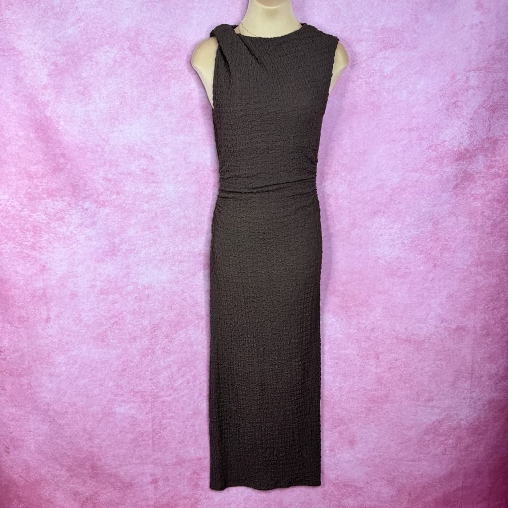 214. ZARA Textured Brown Sleeveless Midi Dress Small - Thumbnail 2