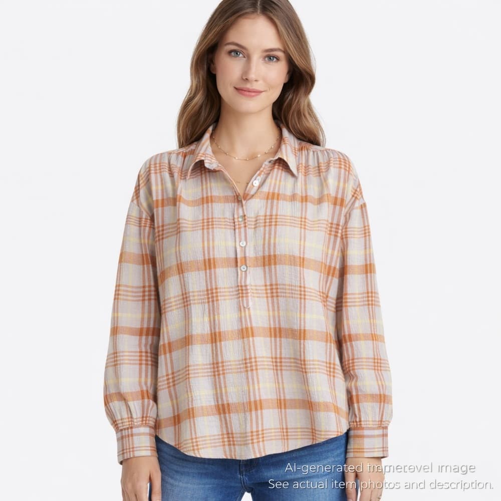 211. Faherty Plaid Button Henley Blouse Top Orange Yellow White M - Thumbnail 6