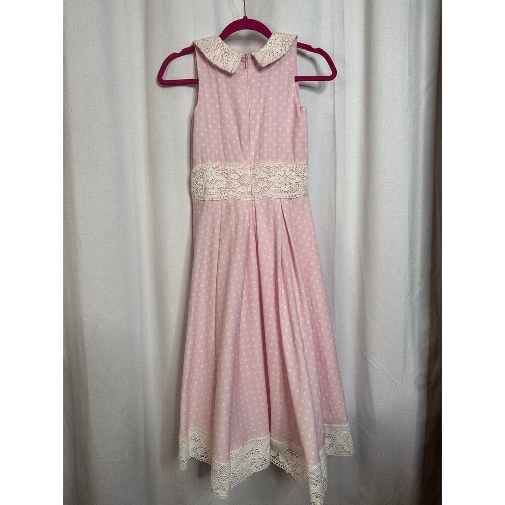 346. Beautiful Handmade Pink Polka Dot Lace Trim Dress - Thumbnail 4