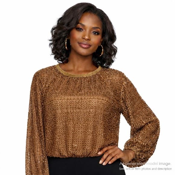 65. Aaron & Amber Metallic Crochet Long Sleeve Cropped Top Size M - Thumbnail 11