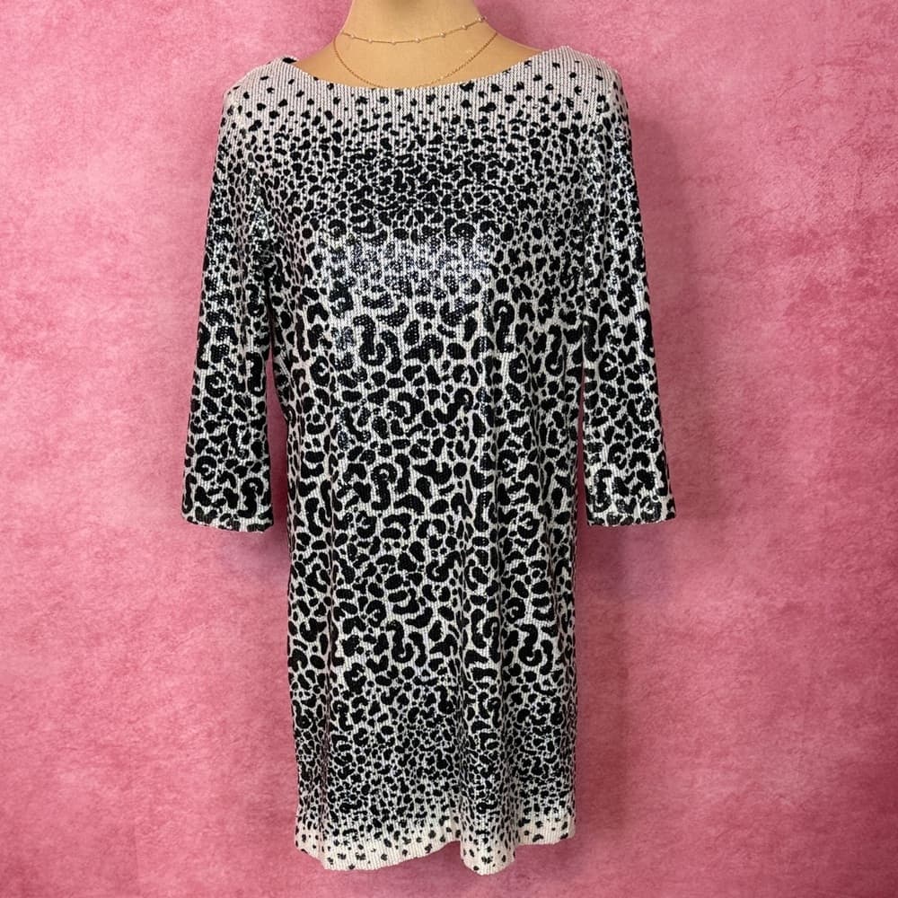 135. Zara Basic Sequin Leopard Print Mini Dress Black Silver Small - Thumbnail 2