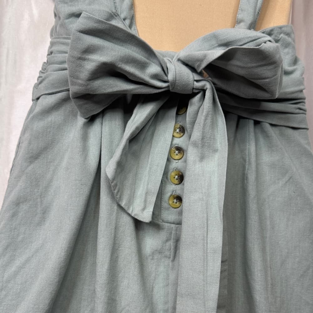 90. Free People Sage Green Linen Blend Ruffle Strap Dress with Bow Back Size S - Thumbnail 3