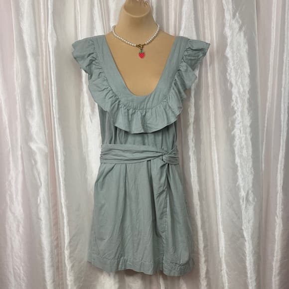 90. Free People Sage Green Linen Blend Ruffle Strap Dress with Bow Back Size S - Thumbnail 8