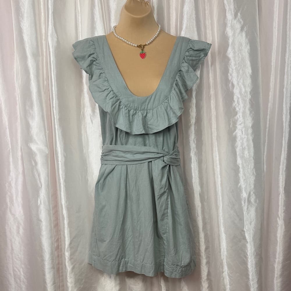 90. Free People Sage Green Linen Blend Ruffle Strap Dress with Bow Back Size S - Thumbnail 7