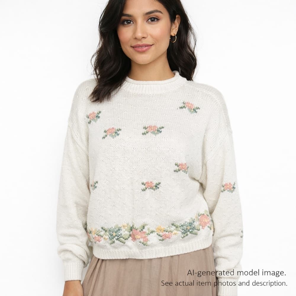 162. Lizsport Vintage Floral Knit Sweater White Size L - Thumbnail 6