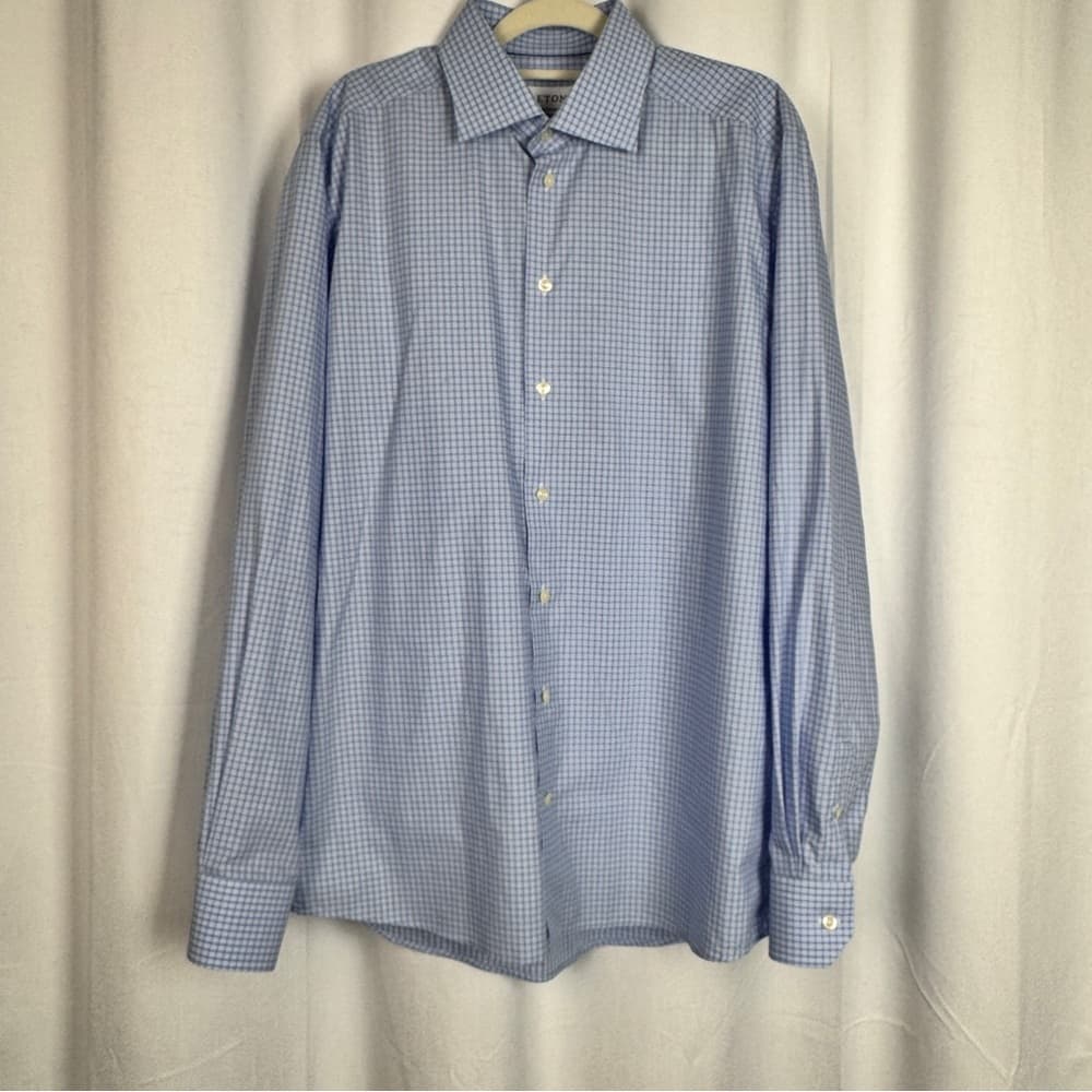 326. Eton Contemporary Blue Check 100% Cotton Dress Shirt 16.5 / 42