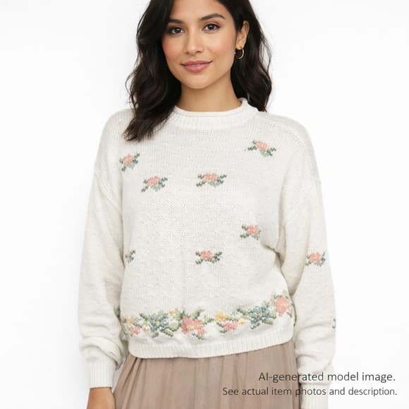 162. Lizsport Vintage Floral Knit Sweater White Size L - Thumbnail 7