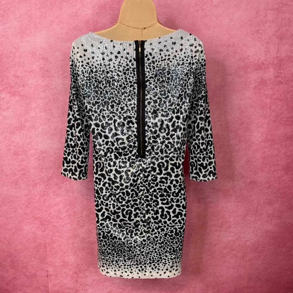135. Zara Basic Sequin Leopard Print Mini Dress Black Silver Small - Thumbnail 4