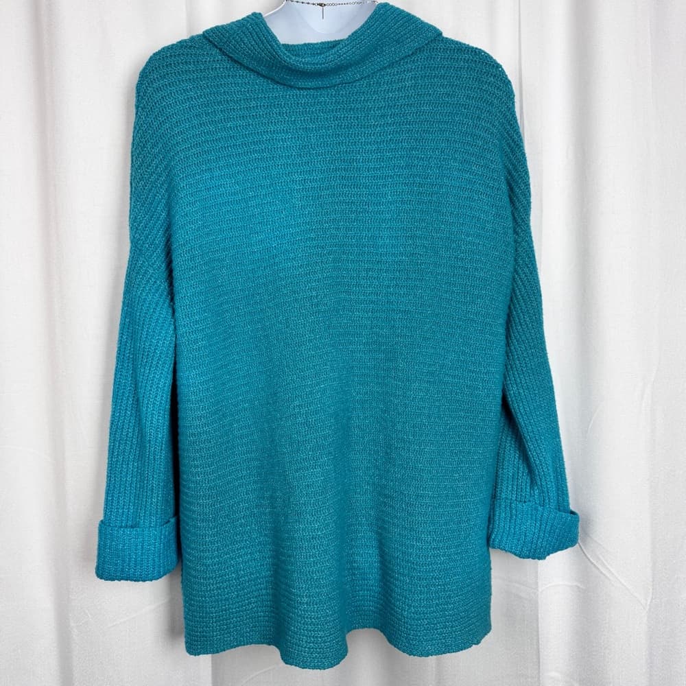 301. Anthropologie A+ Teal Knit Cowl Neck Sweater Coat 2X - Thumbnail 4