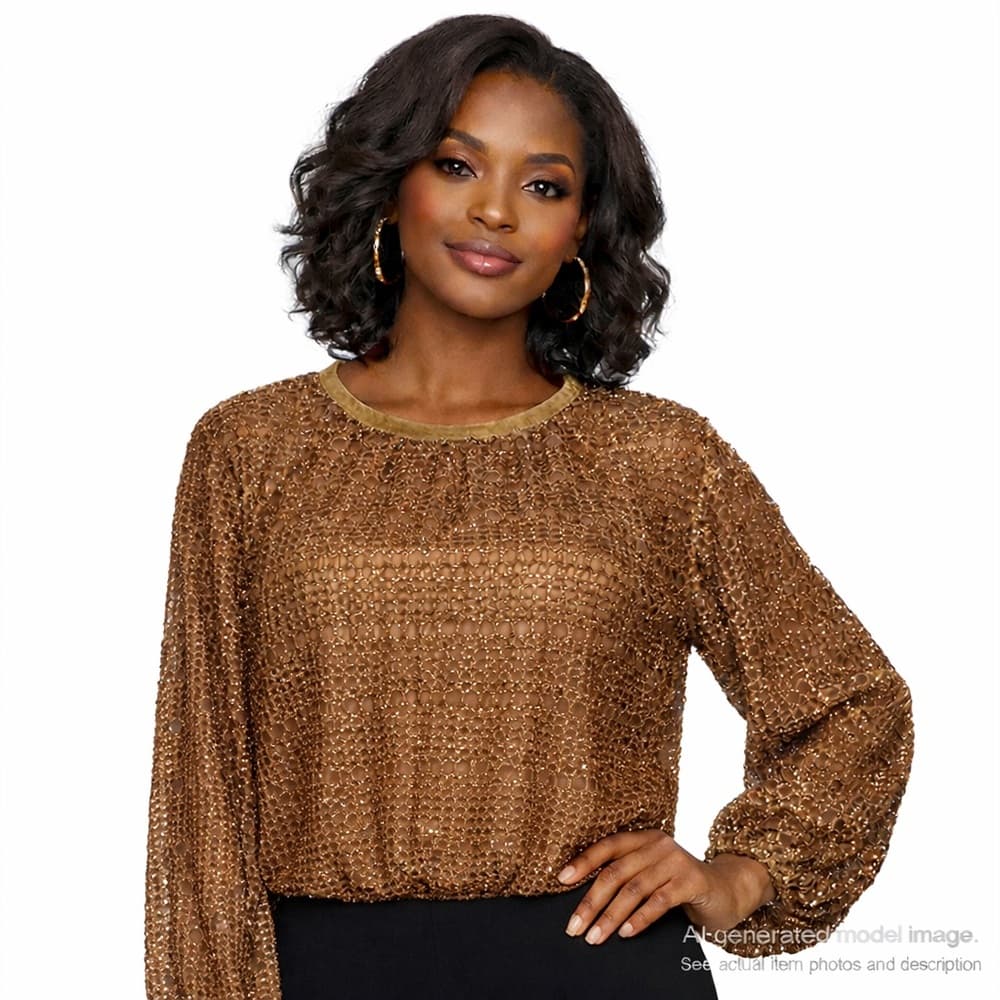 65. Aaron & Amber Metallic Crochet Long Sleeve Cropped Top Size M - Thumbnail 10