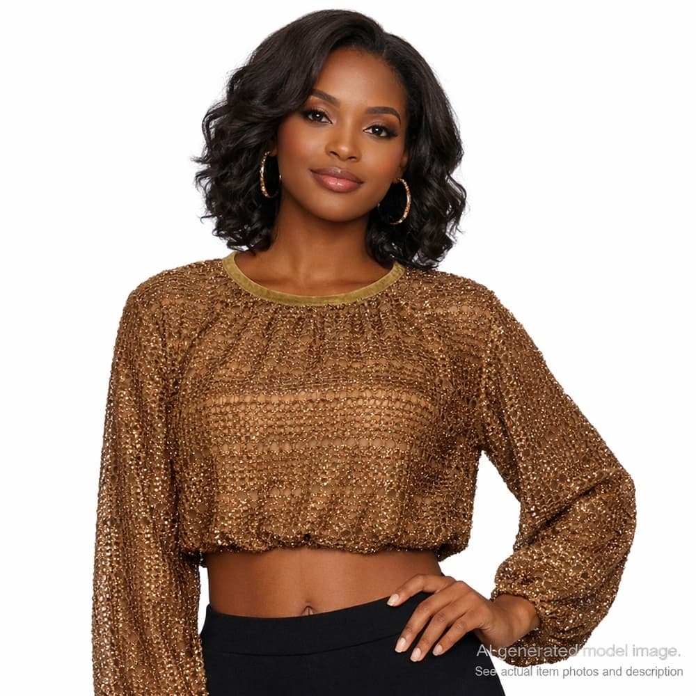 65. Aaron & Amber Metallic Crochet Long Sleeve Cropped Top Size M - Thumbnail 9