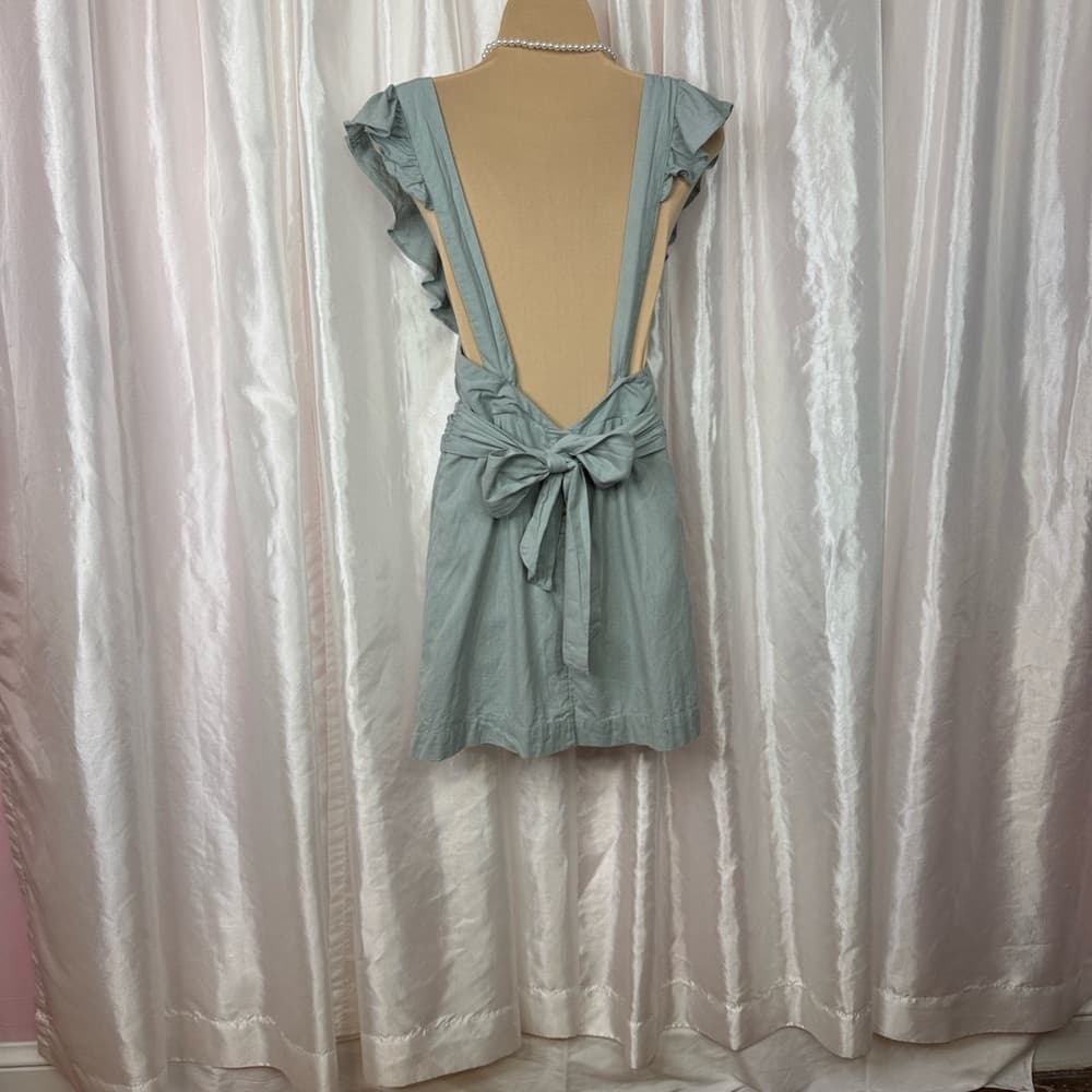 90. Free People Sage Green Linen Blend Ruffle Strap Dress with Bow Back Size S - Thumbnail 2