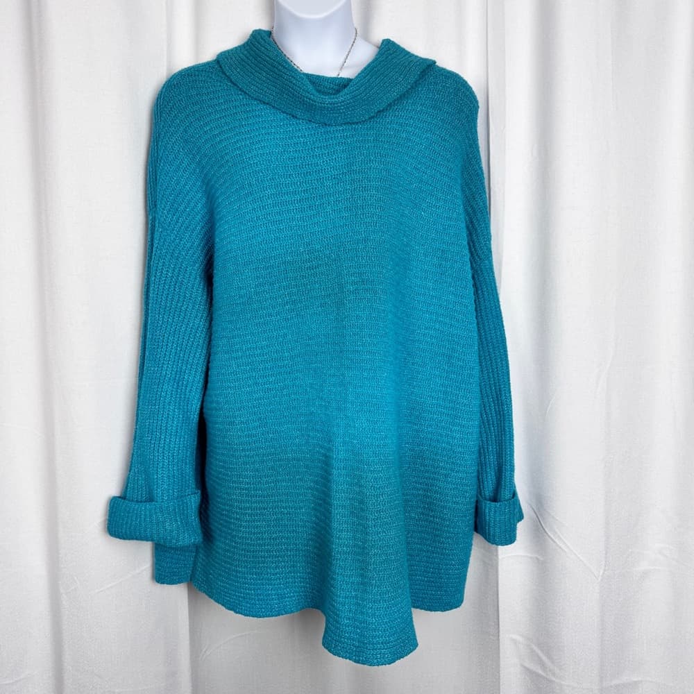 301. Anthropologie A+ Teal Knit Cowl Neck Sweater Coat 2X - Thumbnail 2