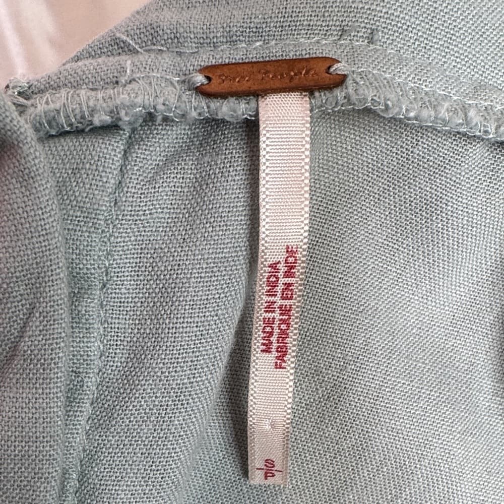 90. Free People Sage Green Linen Blend Ruffle Strap Dress with Bow Back Size S