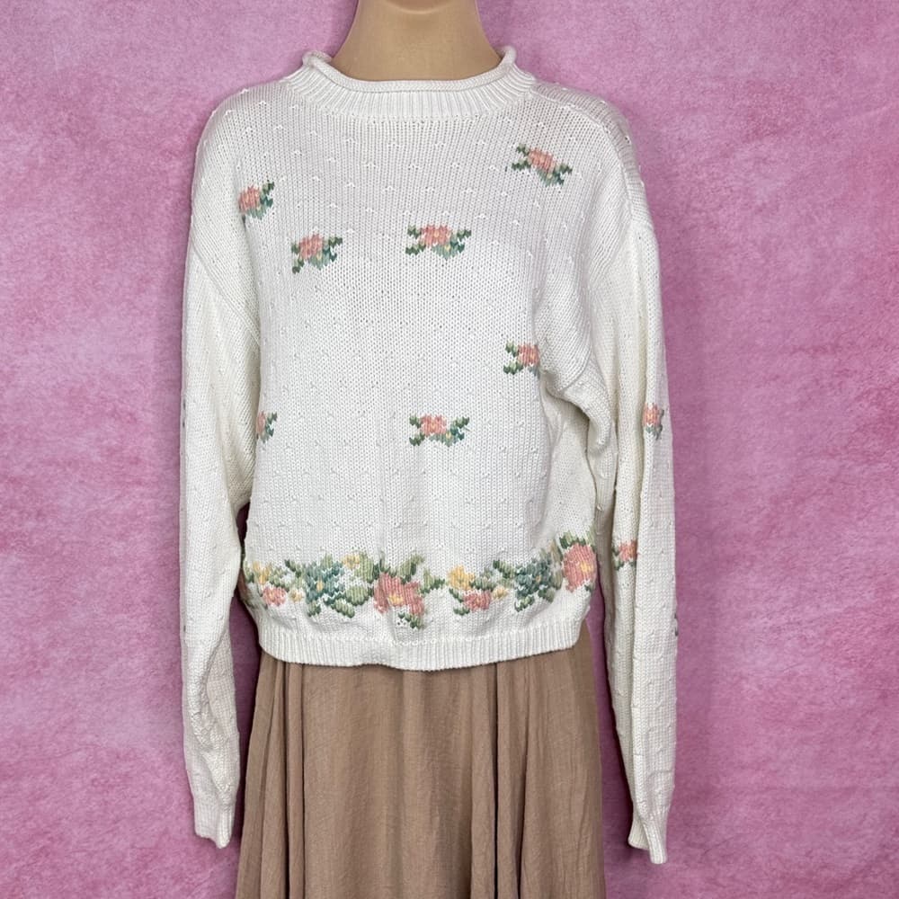 162. Lizsport Vintage Floral Knit Sweater White Size L - Thumbnail 2
