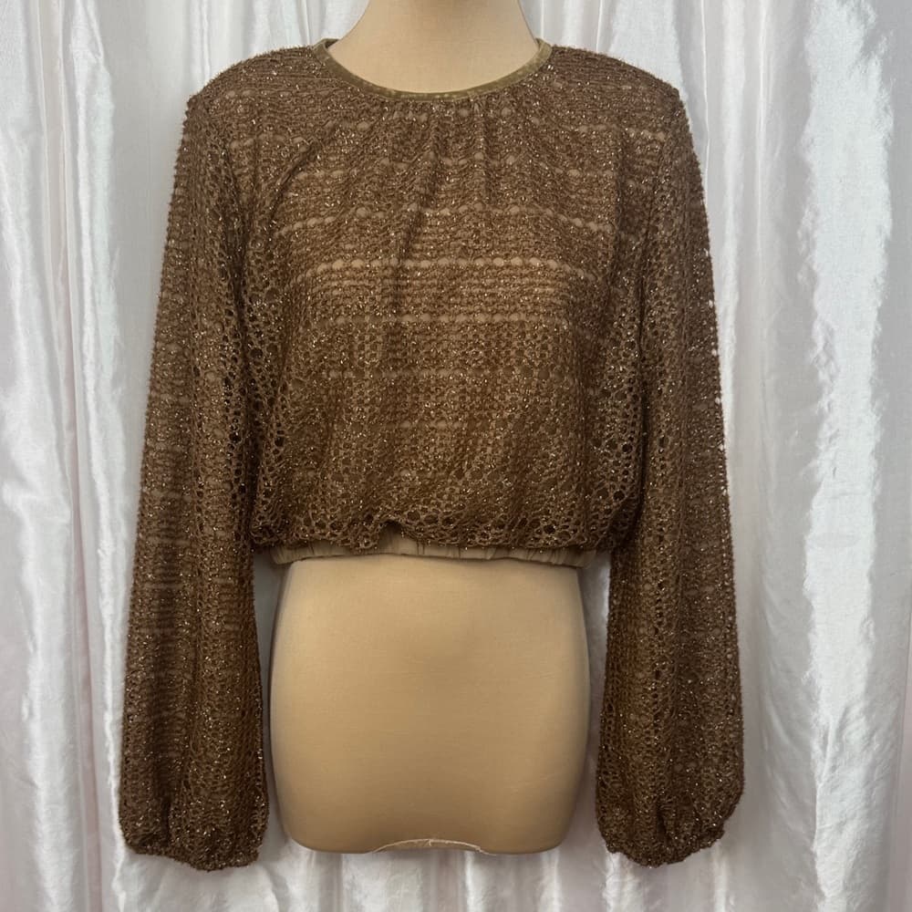 65. Aaron & Amber Metallic Crochet Long Sleeve Cropped Top Size M - Thumbnail 2