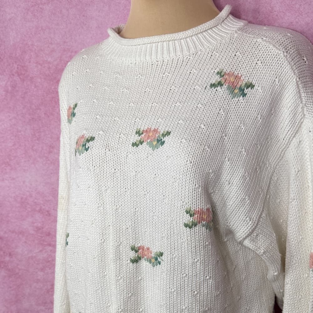 162. Lizsport Vintage Floral Knit Sweater White Size L - Thumbnail 4
