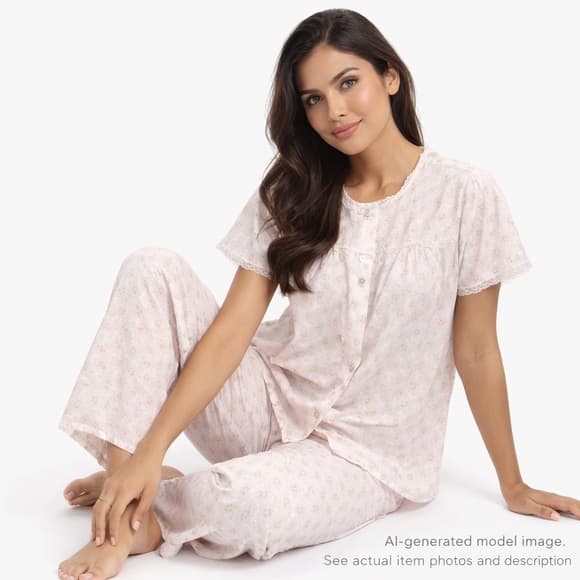160. Vintage Floral Pajama Set Pink White Lace Trim Size M/L - Thumbnail 12