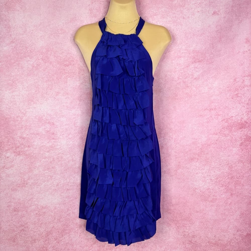 220. Anthropologie VA ET VIEN Silk Royal Blue Ruffle Halter Dress Size 4 - Thumbnail 2