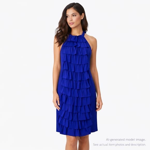 220. Anthropologie VA ET VIEN Silk Royal Blue Ruffle Halter Dress Size 4 - Thumbnail 9