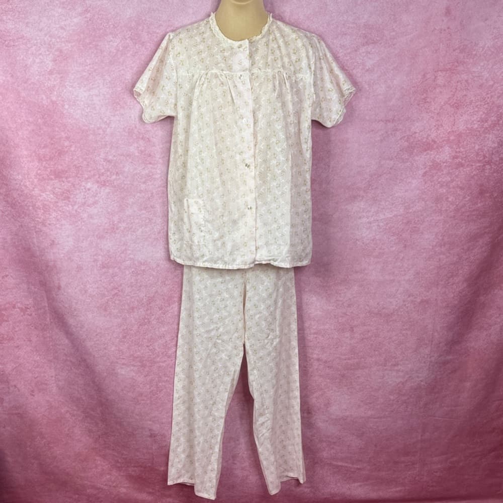 160. Vintage Floral Pajama Set Pink White Lace Trim Size M/L