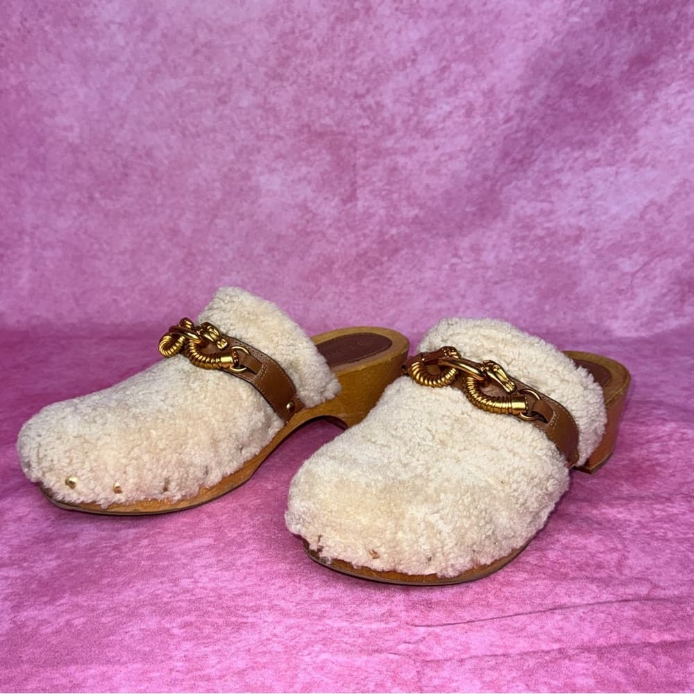 271. Tory Burch Shearling Chain Clog Mules Wooden Heel 9.5M - Thumbnail 3