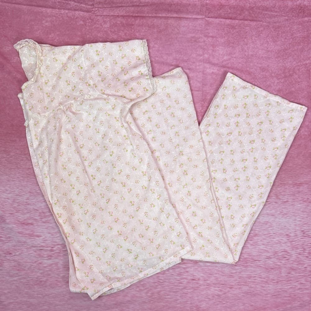 160. Vintage Floral Pajama Set Pink White Lace Trim Size M/L - Thumbnail 10