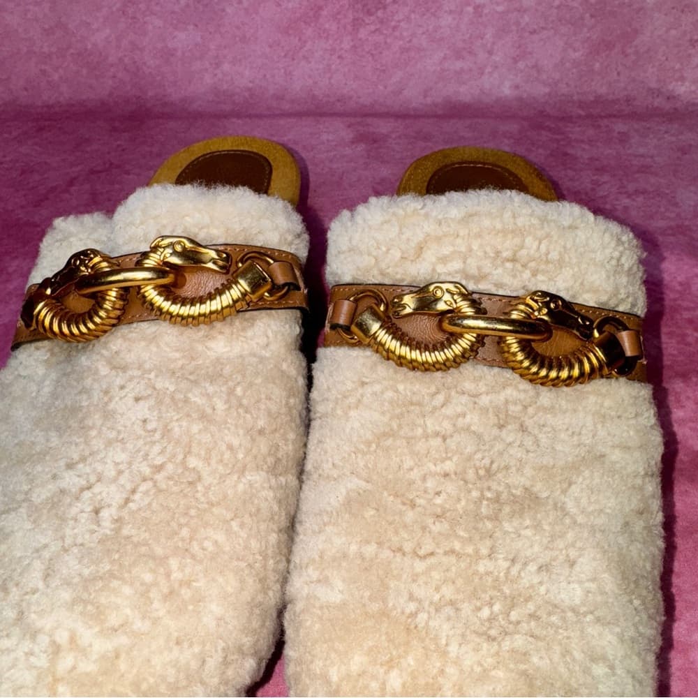 271. Tory Burch Shearling Chain Clog Mules Wooden Heel 9.5M - Thumbnail 7